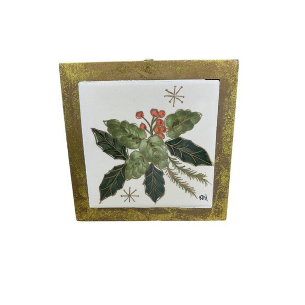 Kathy Hatch Classic Christmas Wooden Tile Trivet Holly Berries And Leaves‎